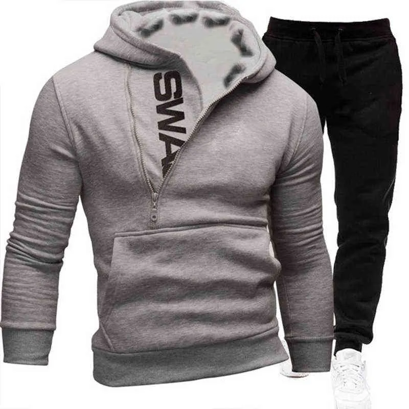 Erkek Trailtsits 2 Parçalı Set Sweatshirt + Sweatpants Sports Giyim Fermuar Hoodies Sıradan Erkek Giyim Büyük Boyu Moda 220107