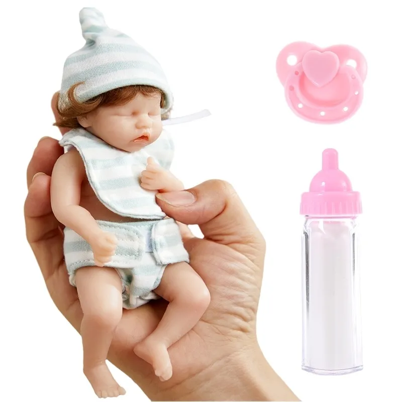 6 Zoll 15cm Mini Reborn Baby Puppe Mädchen Puppe Ganzkörper Silikon Realistisches künstliches weiches Spielzeug mit verwurzeltem Haar-Drop 220315