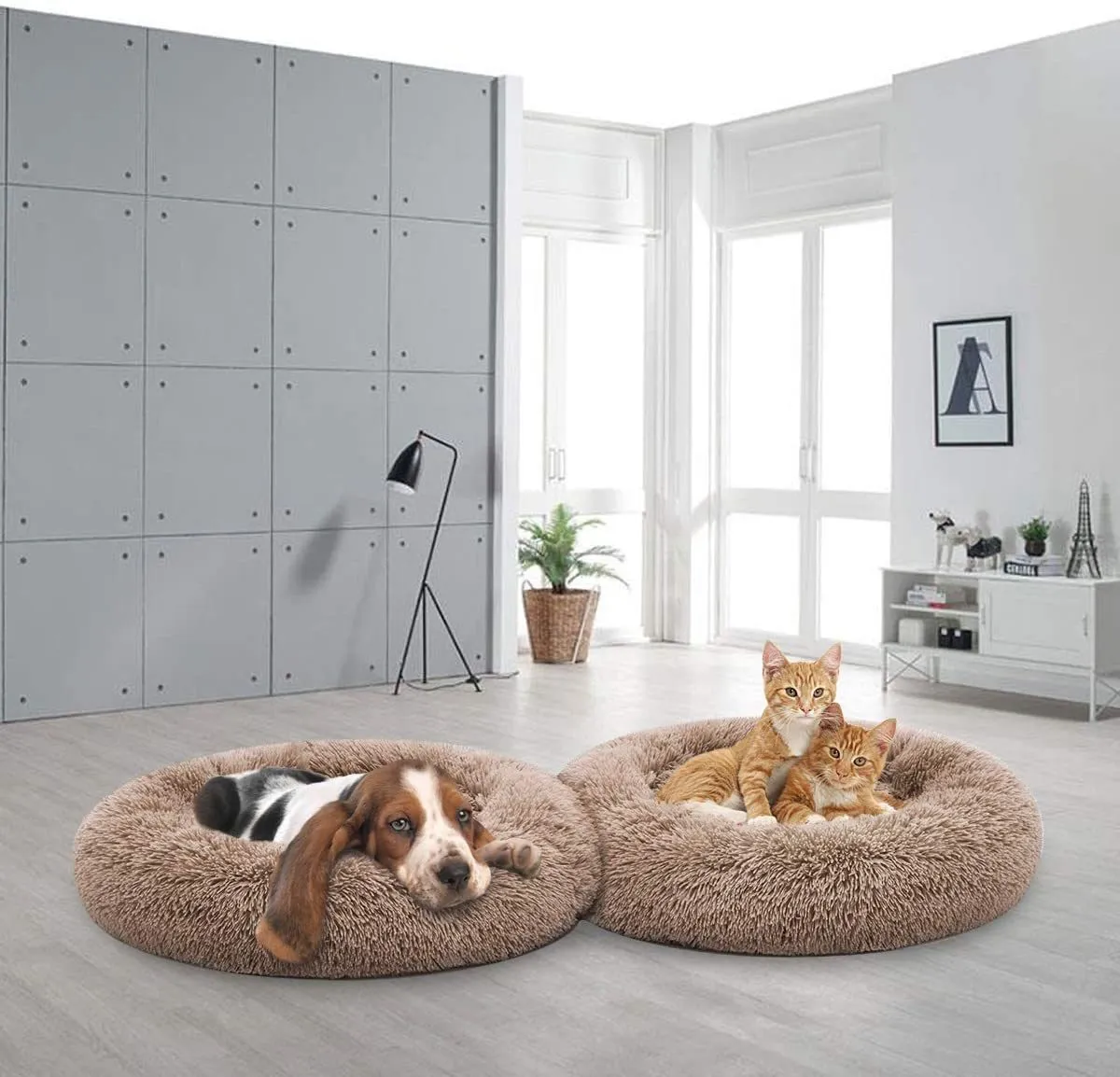 Yurtdışı-çörek Köpek Kedi Yatak, Yumuşak Peluş Yastık, Yuvarlak Cuddler Kaymaz Makine Yıkanabilir Sıcak Sakinleştirici Mat-Geliştirilmiş Uyku PET LJ201028 için