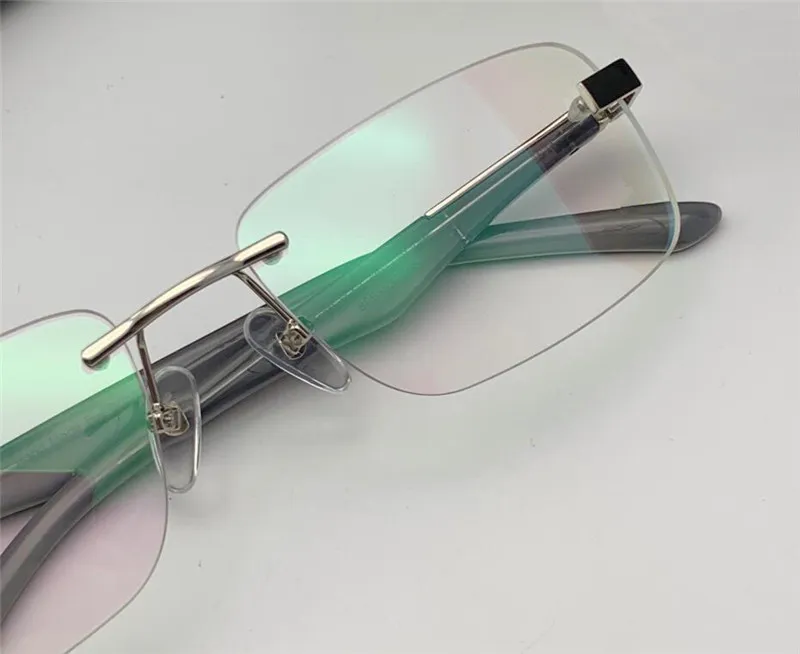 mode recept glasögon är artis i rimless ram stora ben optiska glasögon transparent lins enkel affärsstil för män3111