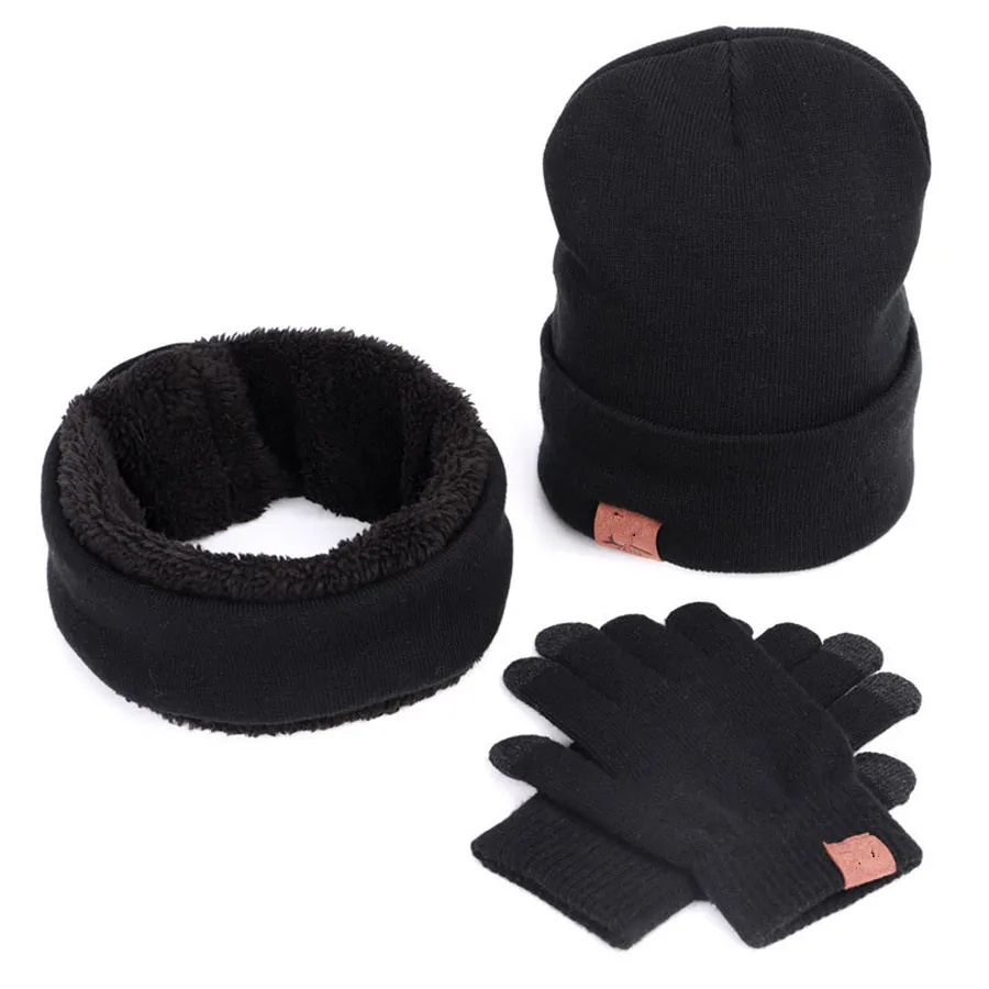 Sets 3 invernali unisex berretti lavorati a maglia cappelli da uomo cappello caldo con bavaglino guanti touch screen da donna berretto berretto da esterno set da equitazione Y201024
