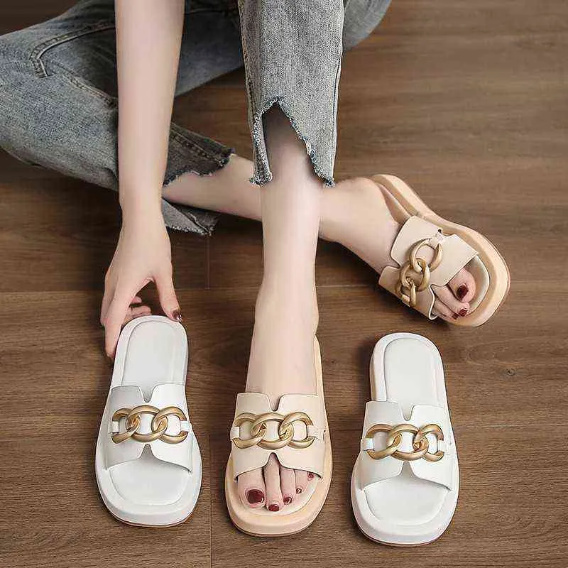 Slippers vrouwen slippers mode persoonlijkheid effen kleur ketting ontwerp vrouwen casual woonkamer externe slijtage platte vrouw schoenen 220307