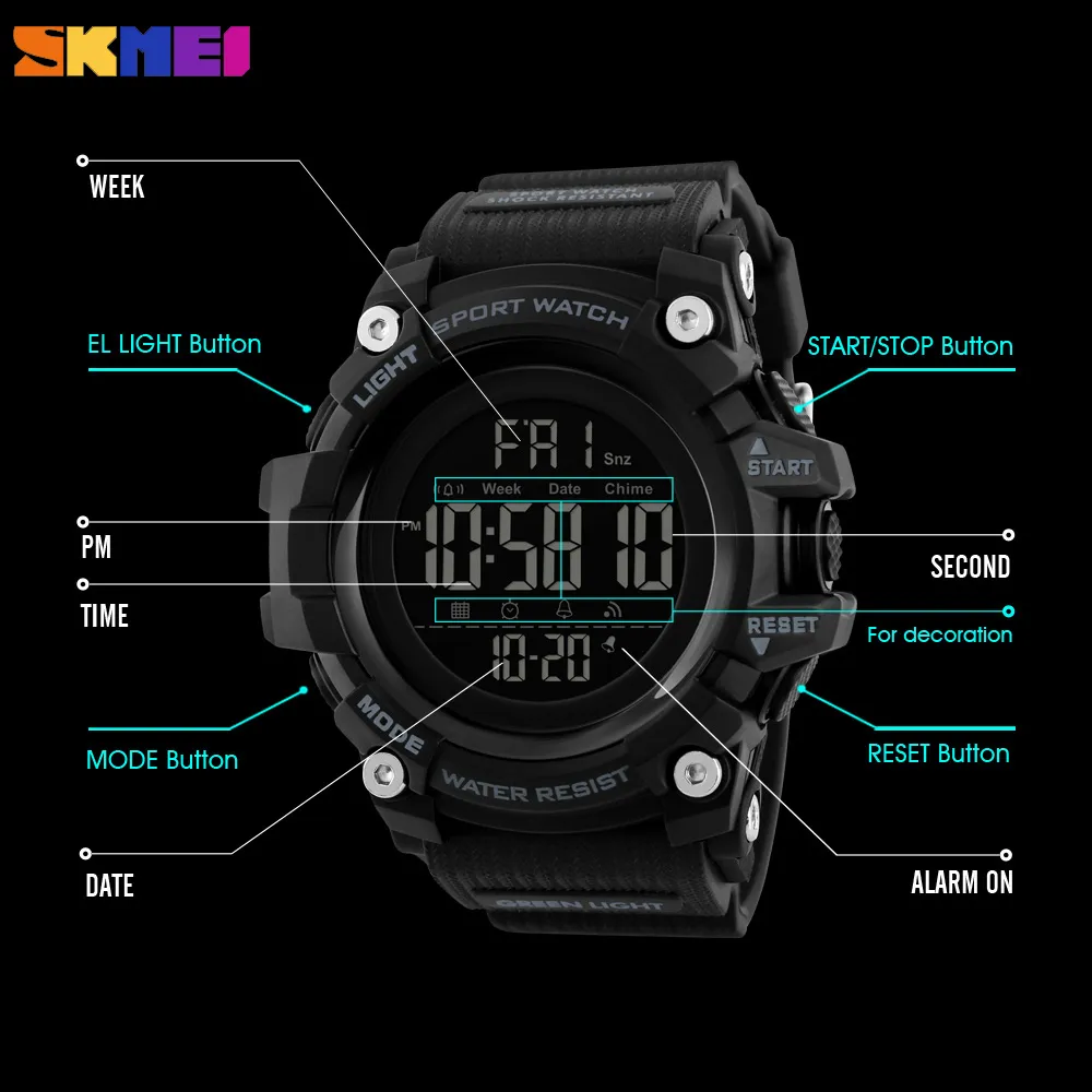 SKMEI Heren sporthorloge Mode Digitale herenhorloges Waterdicht Countdown Dual Time THOCK Horloges Relogio Masculino 201295G