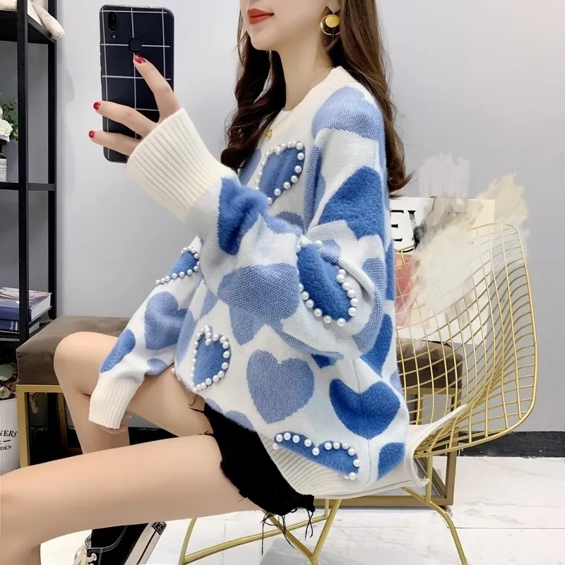 2020 Lazy Style Foreign Style Loose Sweater Women Korean Version Pullover Sweater Small Fresh Pearl Plush Jacket Autumn LJ201113
