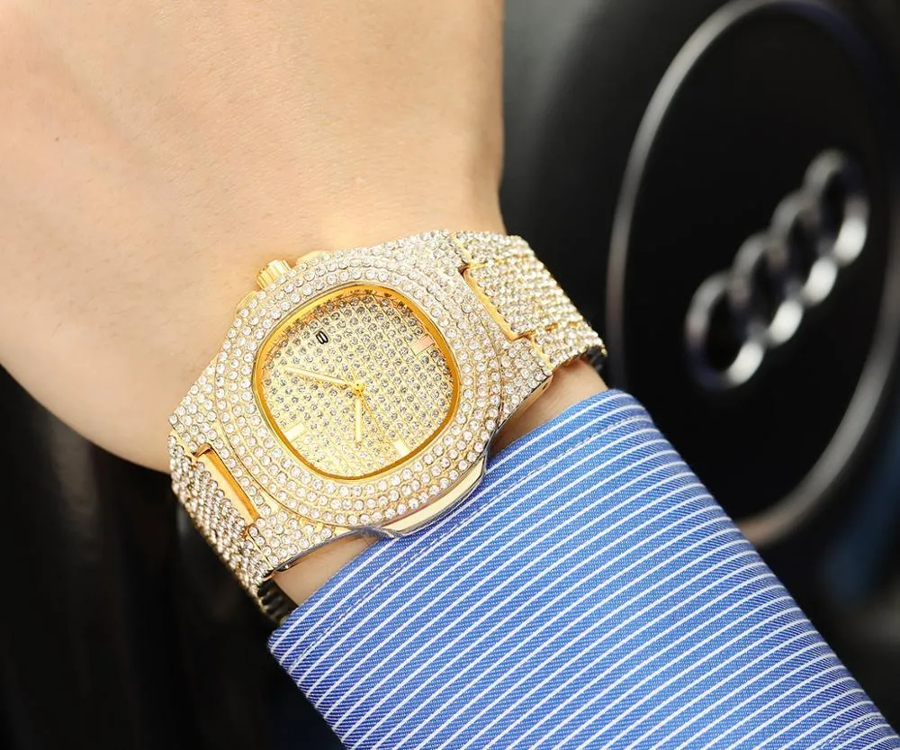 Mode glacé montre hommes diamant acier Hip Hop hommes montres haut de gamme luxe or horloge reloj hombre relogio masculino 210407319t