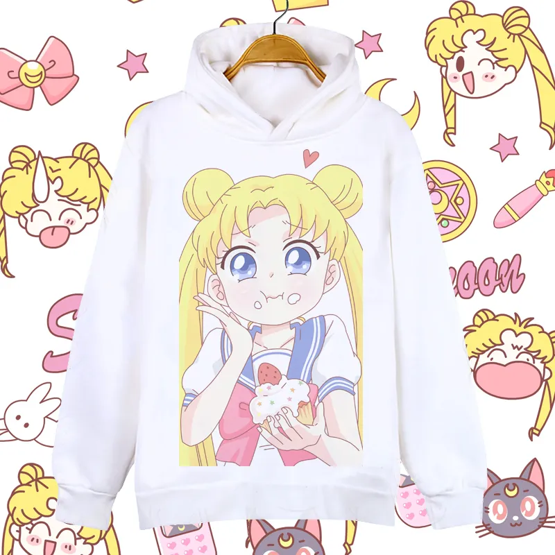 Fashion Sailor Moon Hoodies Cartoon Women Long White Printed Kawaii Coat Sweatshirt Thicken Hoody Harajuku Sleeve Pullover Loose M3878919