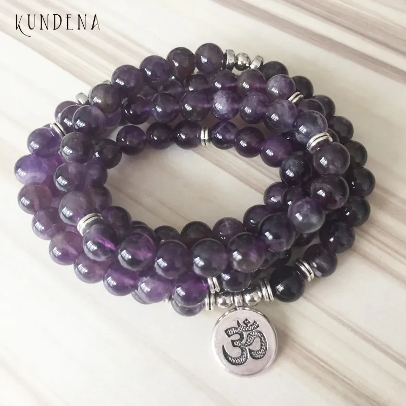 108 Améthystes Mala Yoga Bracelet Violet Pierre Naturelle Lotus Bracelet ou Collier Bouddha Charme Poignet 5 Bracelet Enveloppé Y12183398