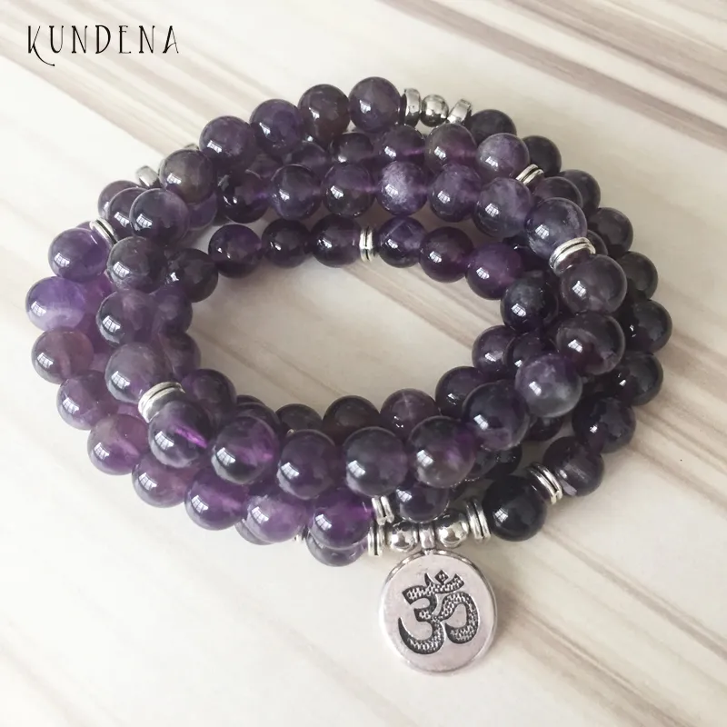 108 Amethists Mala Yoga armband Purple Natural Stone Lotus Bracelet of ketting Boeddha Charm Pols 5 Wrapped Bracelet Y12182971