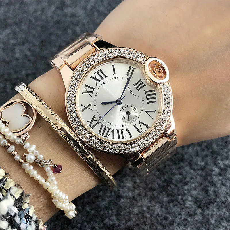 Fashion Marque Femmes Girl Crystal Roman Numerals Dial Steel Band Quartz Wrist Watch CA05340S