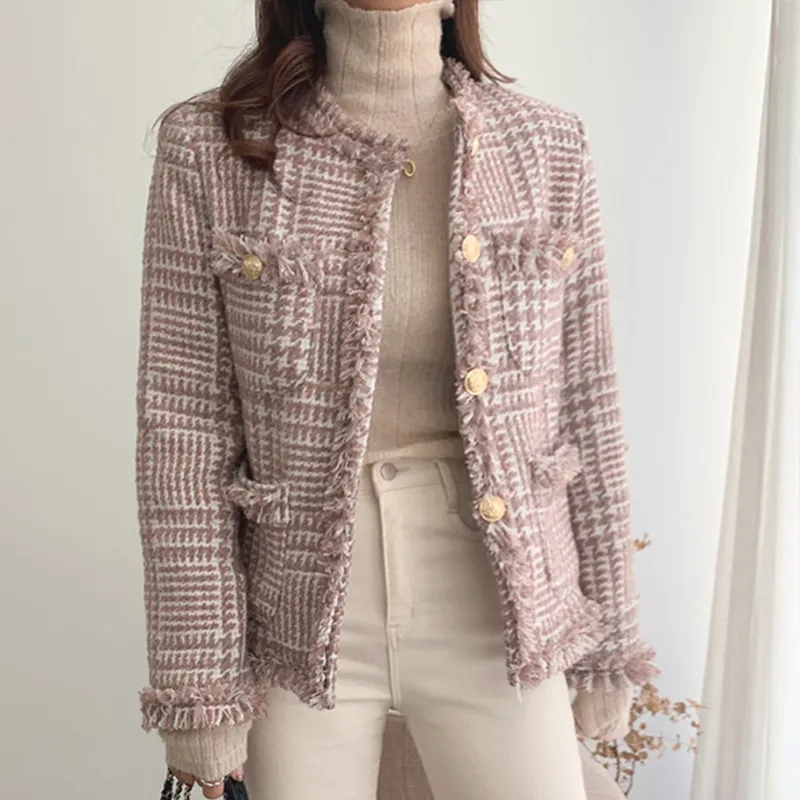 OCEANLOVE Plaid Elegante Chaqueta Mujer Coreano Autunno Office Lady Moda Inverno Giubbotti Donna Nappa Vintage Cappotto di Tweed 18545 201029