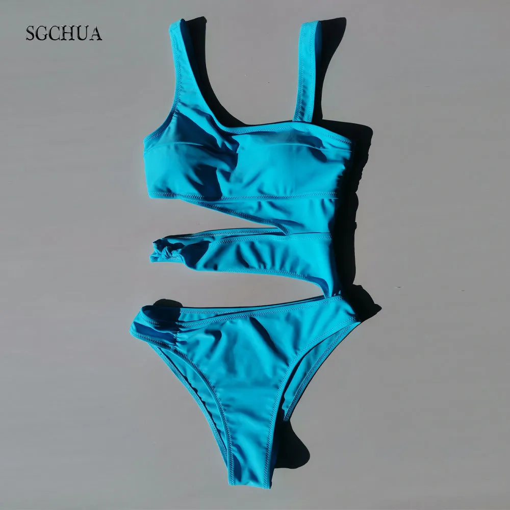 SGCHUA 2020 New Solid Bandage One Piece Swimsuit Women Cut Out Monokini White Yellow Blue Swimwear Sexy Hollow Out Bathing Suit T200708