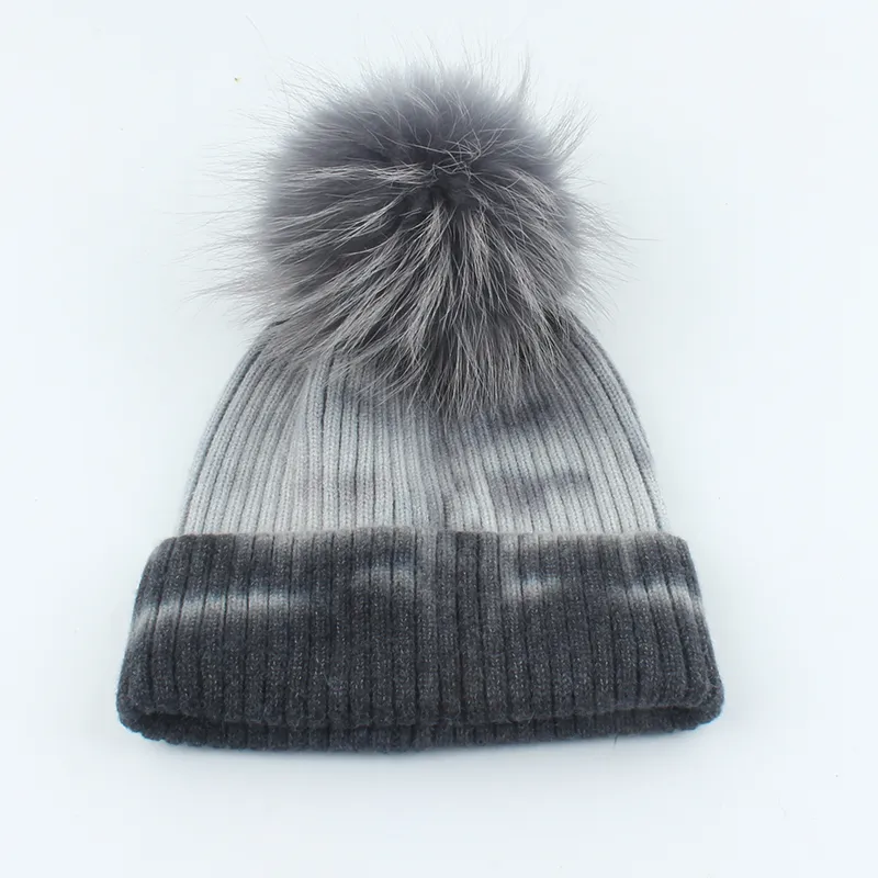 2020 New Fashion Real Fur Pompon Beanie Hat For Women Winter Wool knitted Cap Female Tie Dye Luxury Skullies LJ2012213045667751690270l