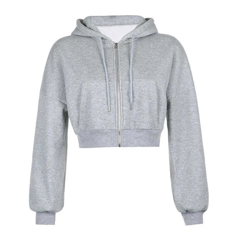 Rockmore Zipper Up Hoodie Estetyczne Kieszenie Solidne Bluzy Z Długim Rękawem Crop Top Baggy Hooded Hoodie Koszulki Pot Luźnie 211222