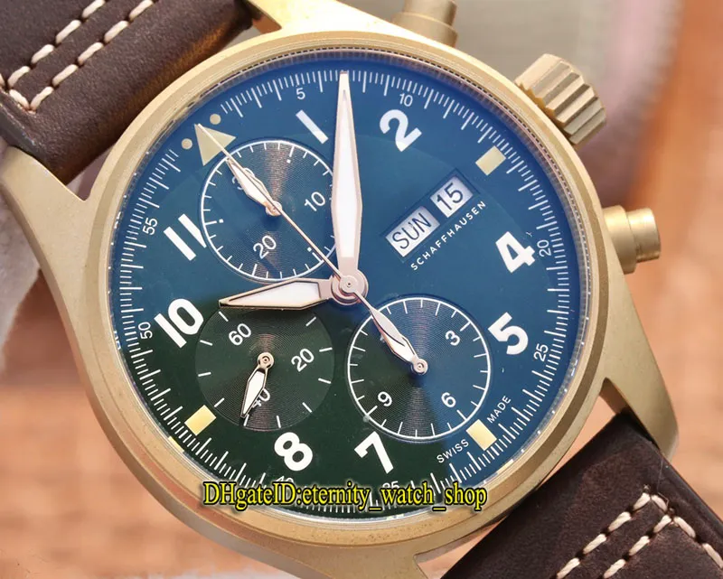 2020 ZFF Ultima serie Spitfire Fighter Serie Custodia in bronzo 387902 Quadrante verde ETA A7750 Cronografo meccanico Orologio da uomo Cronometro Watche298r