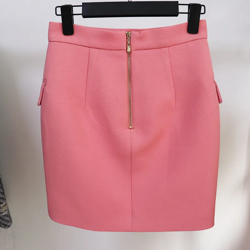 Roze Rok Blazer Suits Fashion Gold Double Breasted Knoppen Blazers Kokerrokken Slanke Twee Stukken Sets Hoge Kwaliteit 220221