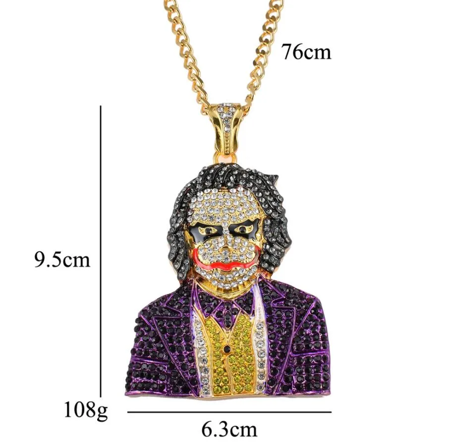 Mode glacé grand dessin animé Clown Cosplay pendentif collier hommes Hip Hop collier bijoux 76 cm or chaîne cubaine pour hommes femmes 236s