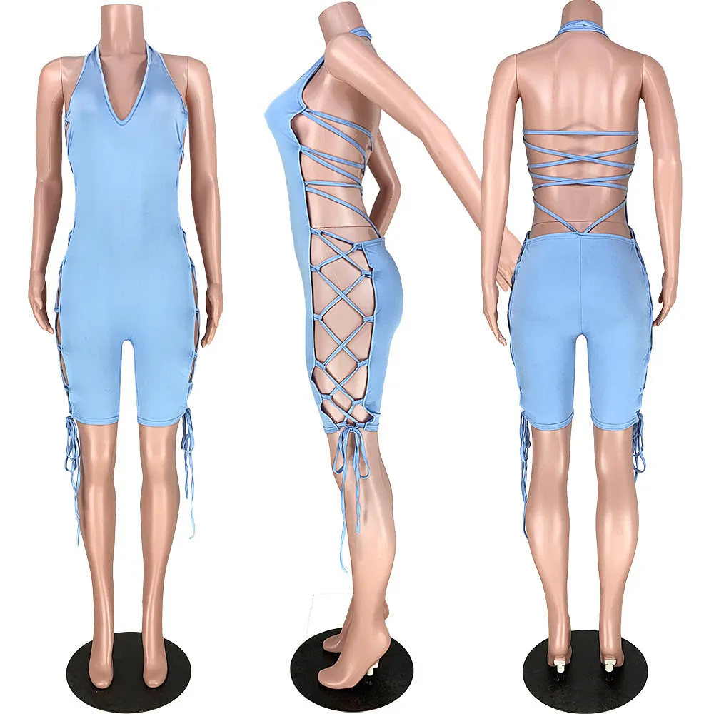 ANJAMANOR 2020 été Sexy Clubwear une pièce tenue femmes barboteuse courte à lacets creux dos nu moulante combinaison D74-AB47 T200704
