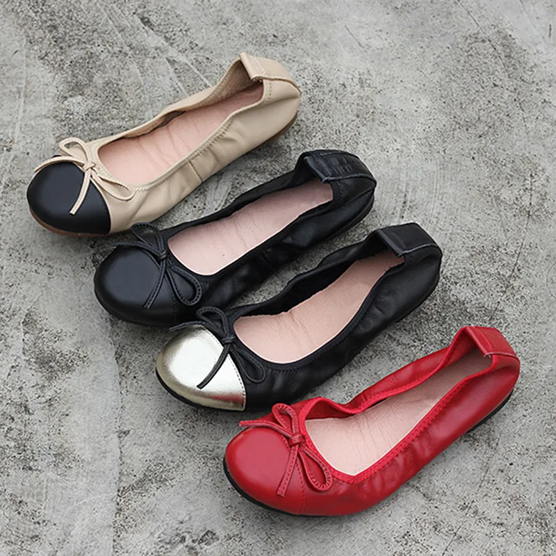 الكلاسيكية الباليه الشقق أحذية النساء المتسكعون جلد طبيعي الانزلاق على ناعمة طوي الأحذية أنيقة سيدة العمل أحذية كبيرة الحجم الأخفاف