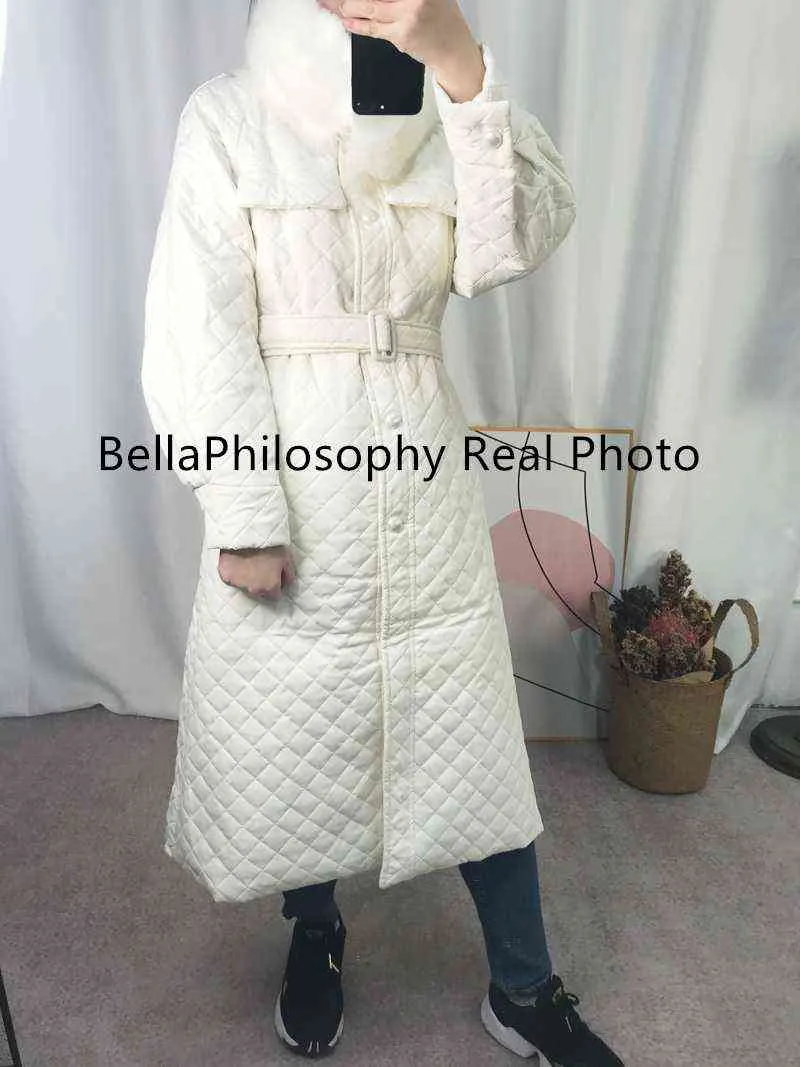 Bella Winter Langer gerader Mantel Rautenmuster Lässige Schärpen Damen Parkas Taschen Argyle Plaid Bubble Jacke 211216