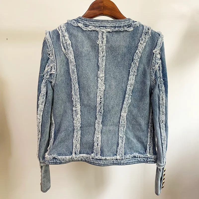 HOHE QUALITÄT Neue Mode Stilvolle Designer Jacke Damen Metall Löwen Knöpfe Fransen Denim Jacke 201017