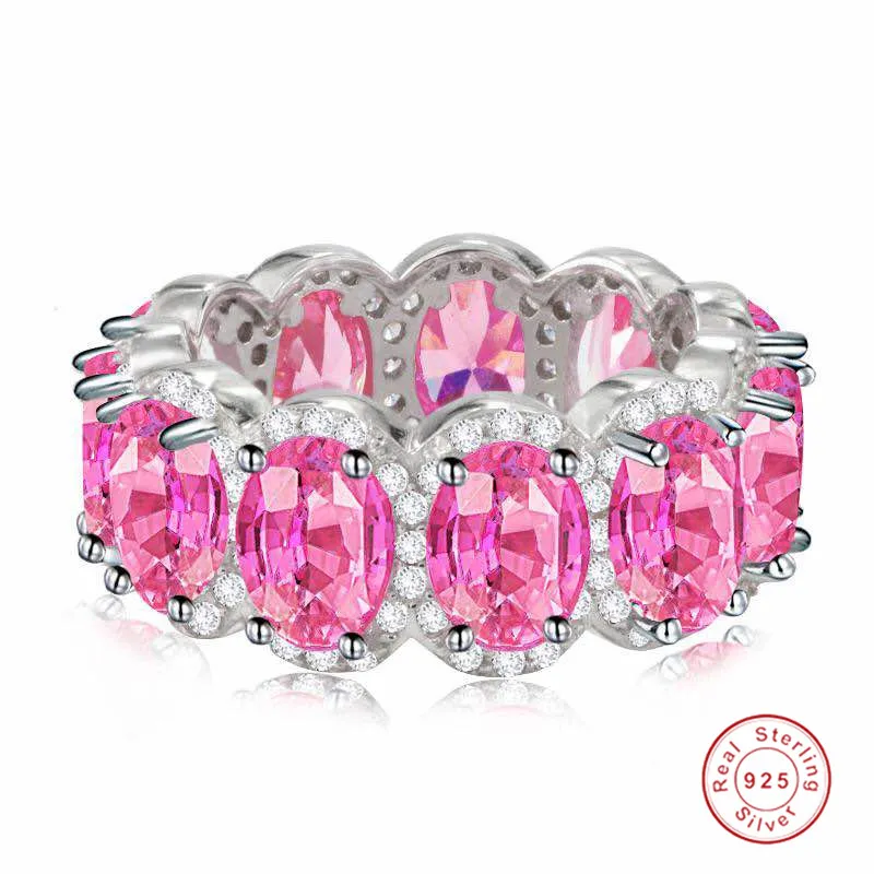 Luxury Jewelry Iced Out Bling Eternity Band Engagment Ring for Women Oval Shaped White Pink CZ Diamond Stacking 925 Sterling Silve297j