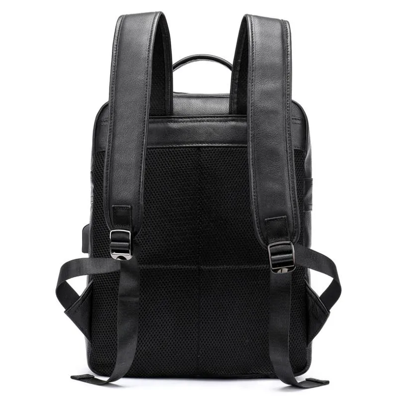 Luuafn Classic Design Black Laptop Business Backpack Of Men Genuine Leather Computer Bag With USB Cable Connector Men Daypack270U