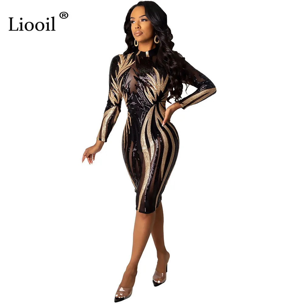 Black and Gold Sequin Dress Mesh Bodycon Midi Sexy Club Outfits 2020 Long Sleeve See Through Tight Dresses Woman Party Night LJ200818