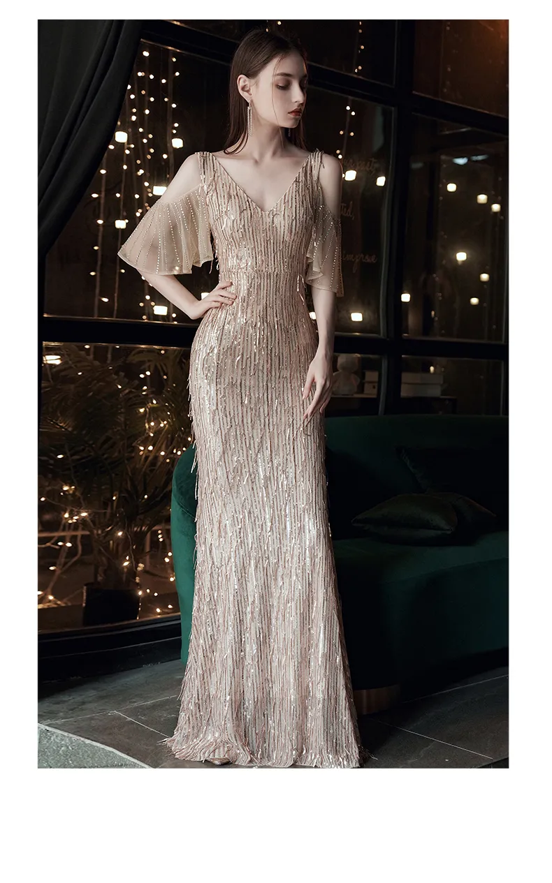 Avondjurk met halve mouwen en V-hals Elegant Abendkleider 2020-stijl Robe De Soiree met lovertjes Zeemeermin Avondjurken Lange jurk LJ201118