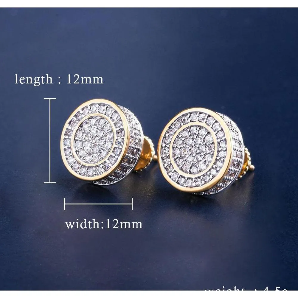 12mm Iced Out Bling CZ Brincho redondo Brincos de cor prateados de prata dourados parafuso para trás Fashi 2117