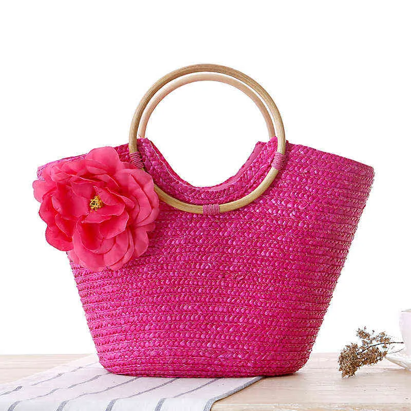 Shopping Bags Flower Summer Beach Bag Wheat Pole Weave Women's Handbag Bohemian knitting Straw High Capacity Female Top Handle 220301