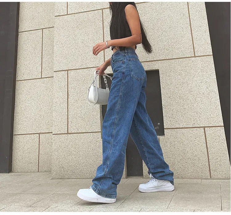 Pantaloni streetwear retrò di jeans blu plus size abbigliamento jeans a vita alta moda mamma a gamba dritta allentata 220310
