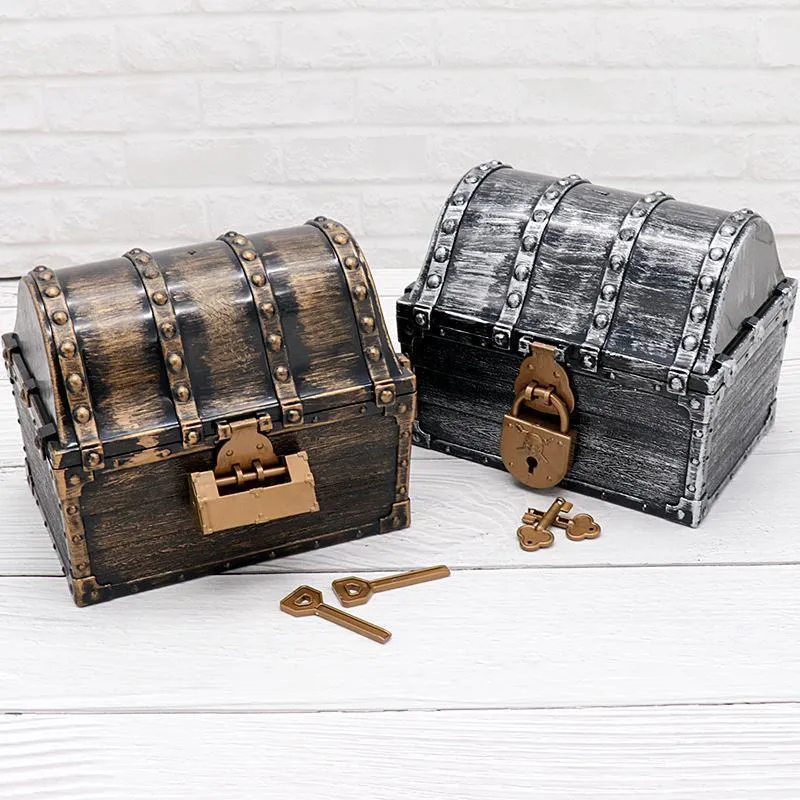 Retro in legno Pirate Treasure Chest Box Jewelry Storage Box Case Decorativo la casa Camera da letto Storage Toy Box Bomboniere Puntelli regalo LJ200812