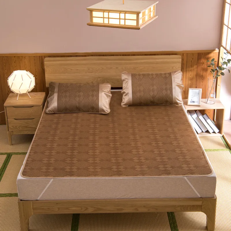 Kit de verão rattan grade conjunto de folha ajustada café fresco cama geométrica dormindo linho esteira colchão capa colcha 201218