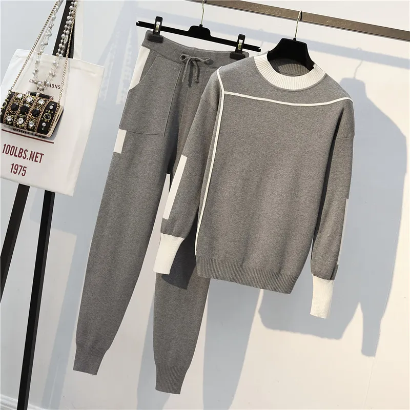 Herfst Runway 2 Stuks Set Gebreide Lange mouw Pullovers Sweater Casual Patchwork Knit Jumper Tops en Broek Suits 201119