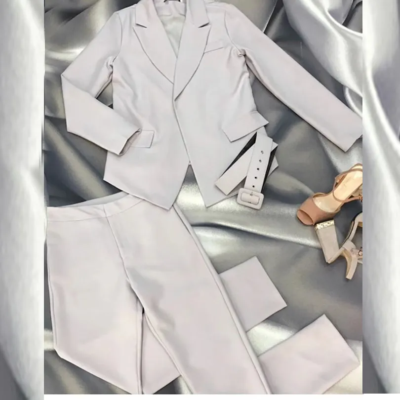 Mvgirlru office dame werk broek pakken vrouwen slanke lange mouwen sjerpen blazer + rechte broek elegante twee stuk set T200702