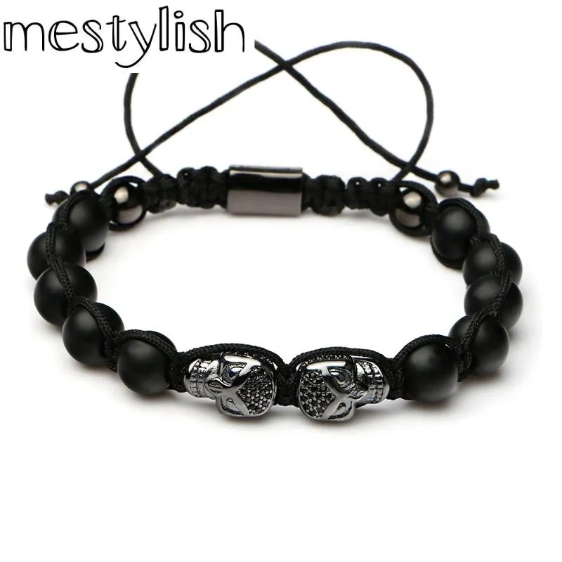 Mestylish Dubbele Schedel Natuursteen Kralen Vlechten Macrame armband Skeleton Knit Handgemaakt voor Mannen Sieraden Pulsera264h