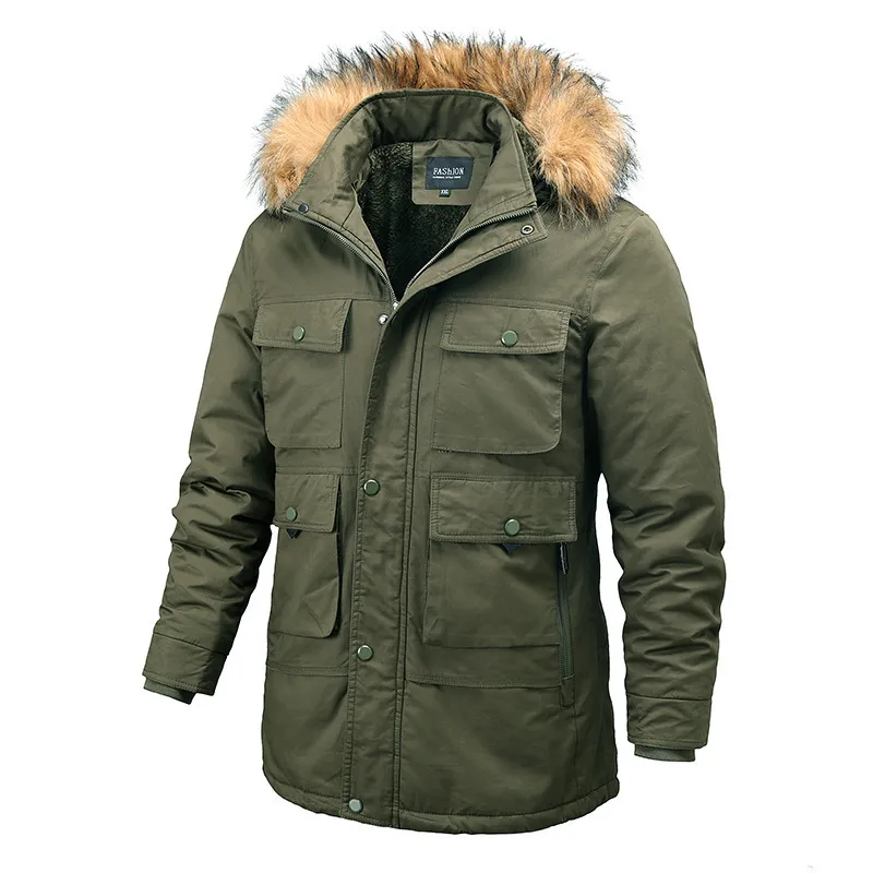 Giacca invernale da uomo Parka da esterno Cappotto plus size Collo di pelliccia Cappotto caldo con molte tasche Giacca da lavoro sportiva da esterno Uomo foderato in pelliccia 201114