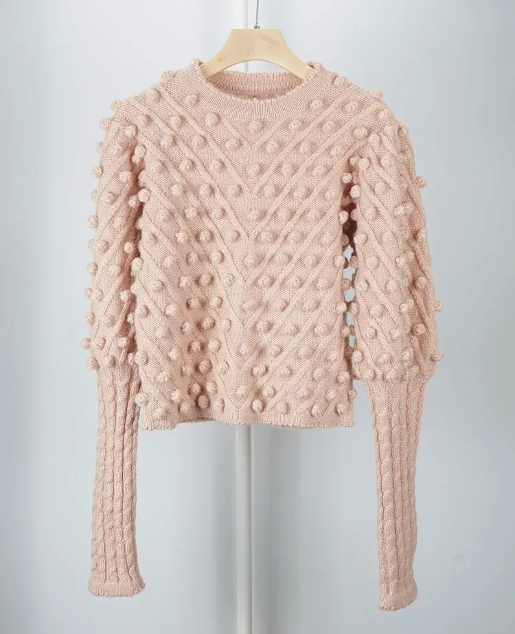 Maglione da donna fatto a mano con palline unghie in mohair dolce maglione di lana con maniche a lanterna rosa femminile LJ201112