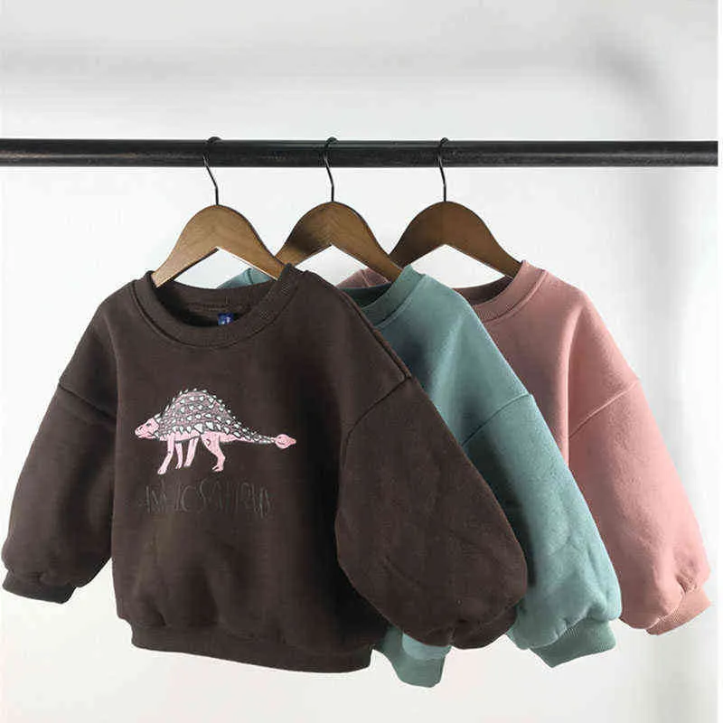 Milmantel Wiosna Dzieci Odzież Bluzy Z Długim Rękawem Słodkie Dinozaur Plus Fleece Komfortowe Pullover Sweatershirt 220124