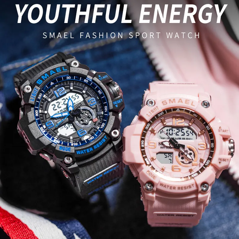 SMAEL Dames Sport Digitaal Horloge Elektronisch Quartz Dual Core Display LED Waterdichte Horloges Casual Student Horloge Meisje Klok 20290h