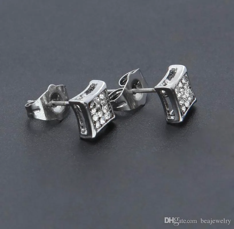 3 rad Micro Pave Bling Square Stud örhängen för män Kvinnor Guldpläterade isade ut kubiska zirkoniume CZ Stone Screw Back Earrings Gift NE311K