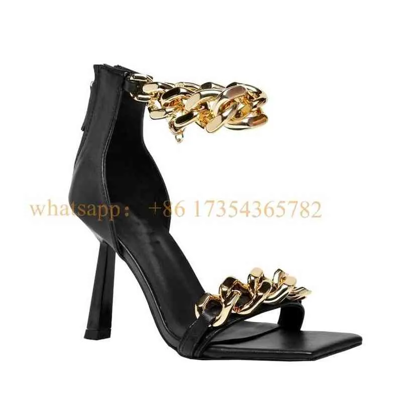 Sandels Nova Corrente de Metal 9 5 cm Stilettos Sandálias Back Zipper Mulheres Quadrado Toe Design de Luxo Couro Metálico Sapatos 220303