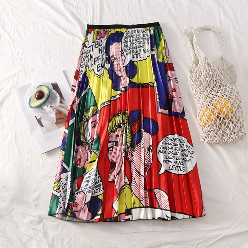 Women's Cartoon Print Skirts European Summer Printing High Waist A-line Big Swing Pleated Midi Skirts Harajuku Female SP526 T200712