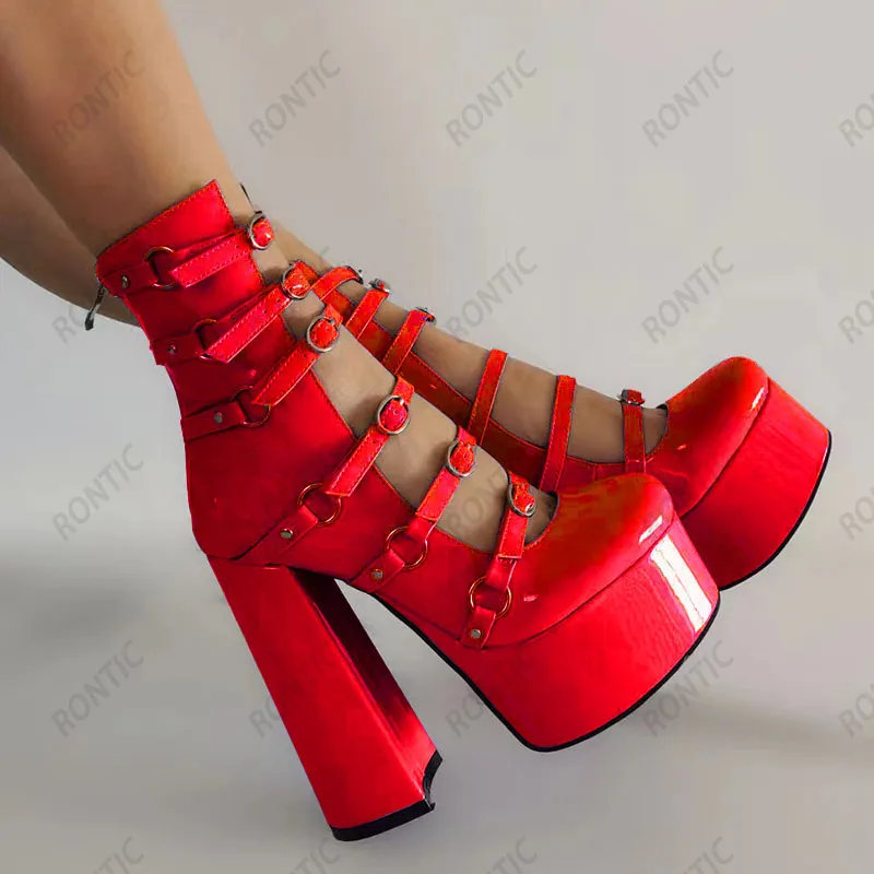 Rontic echte Fotos Frauen Frühlingspumpen Plattform Patente Block Heels Runde Zehe Schöne Violette Rot Rosa Party Schuhe US Größe 5-15