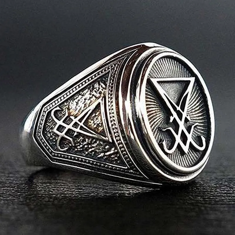 Anel de sinete retrô gótico lúcifer satanás, anel de vedação punk rock de aço inoxidável para homens e mulheres joias pagãs gift295n