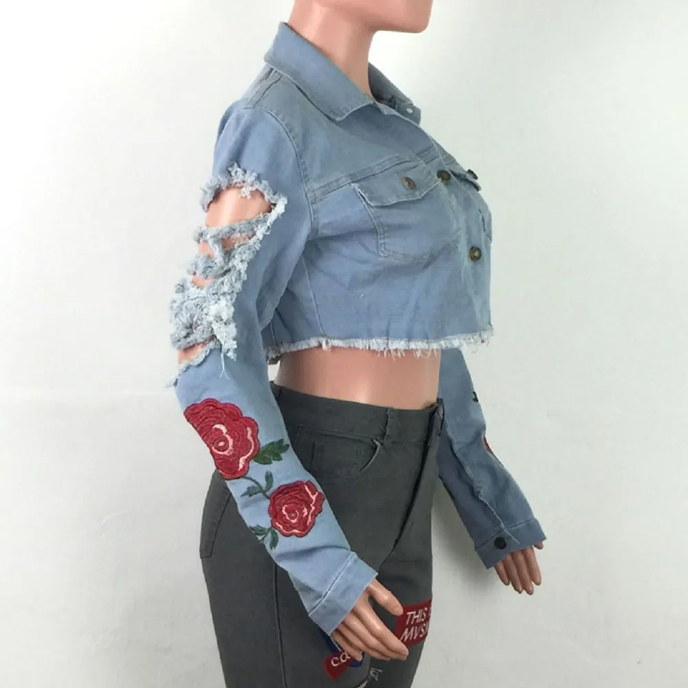 セクシーな穴の後退のトリミングジーンズのジャケットヴィンテージ刺繍バラリッピング女性春秋作物トップヒップホップデニム至近壁T200827