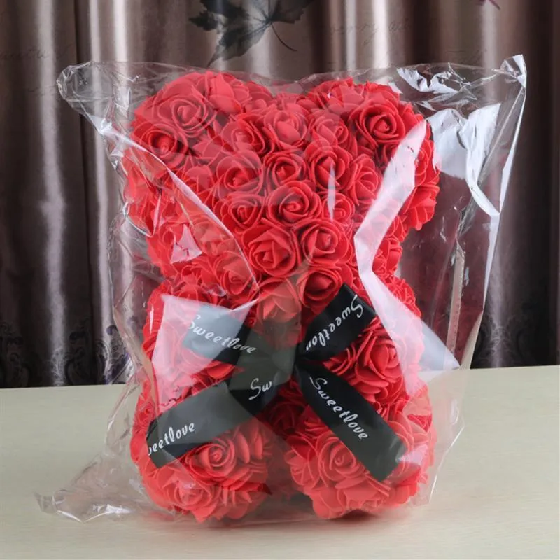 VKTech Valentines Day Gift 23cm Red Rose Teddy Bear Rose Flower Artificial Decoration för jul Alla hjärtans födelsedagspresent272h