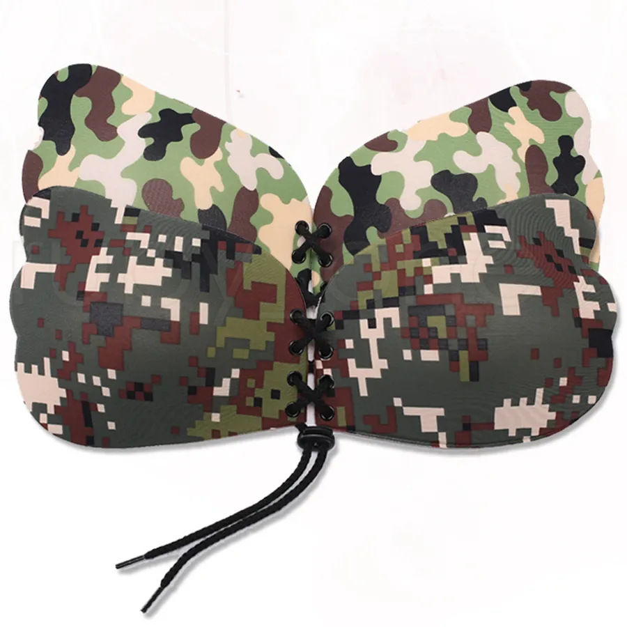 Kvinnor rep kamouflage färg flugvingar form silikon osynlig push up självhäftande främre stängning klibbig bröstnippel behåverktyg