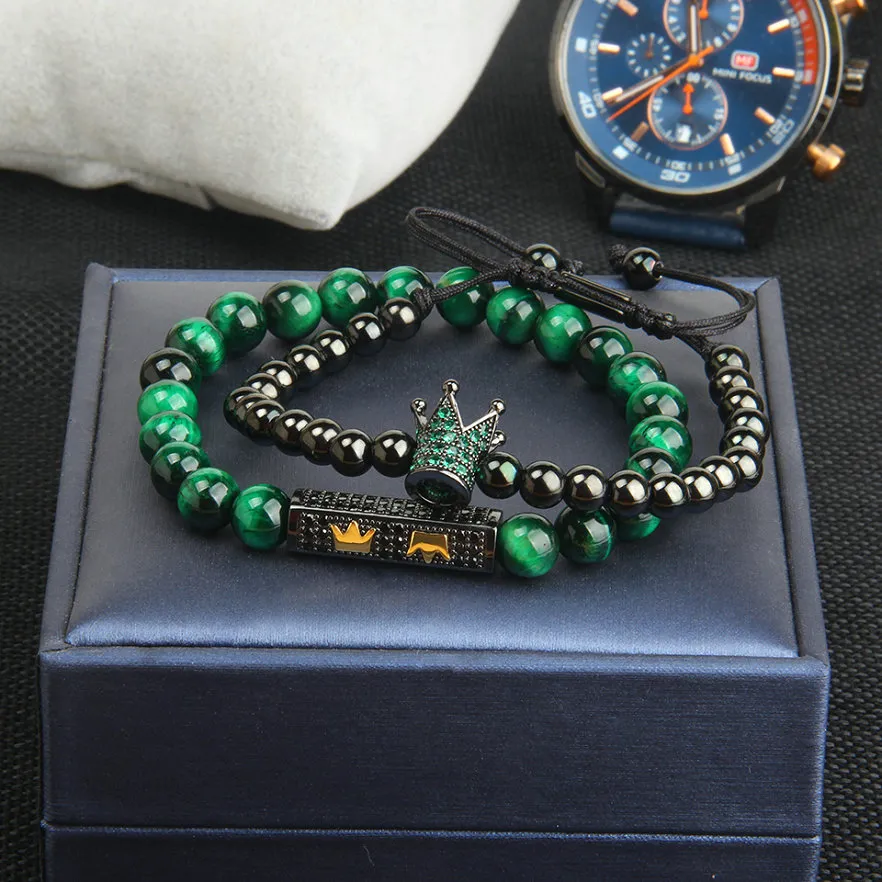 Conjunto Crown Bangel Bracelet for Men Green CZ Crown Braiding Bracelet Moda de aço inoxidável Jóias de manguito