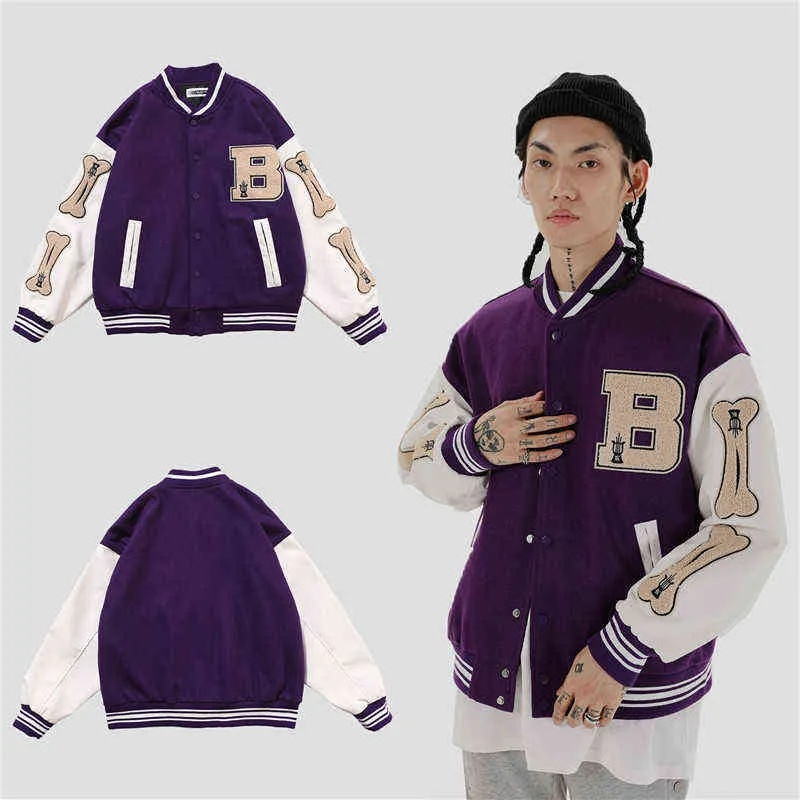 hip hop streetwear baseball jacket coat letter B bone embroidery Stand-up collar japanese streetwear bomber college jacket 220124